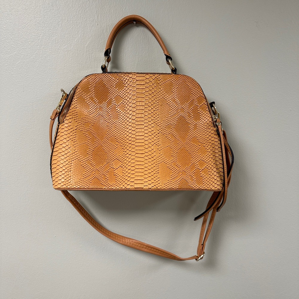 Tan Faux Snakeskin Satchel Dome Crossbody Bag Gold Hardware‎ PU Leather